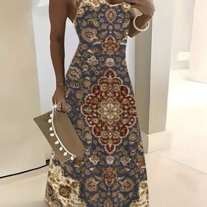 Bohemian Patterned Maxi Dress in Blue and Red